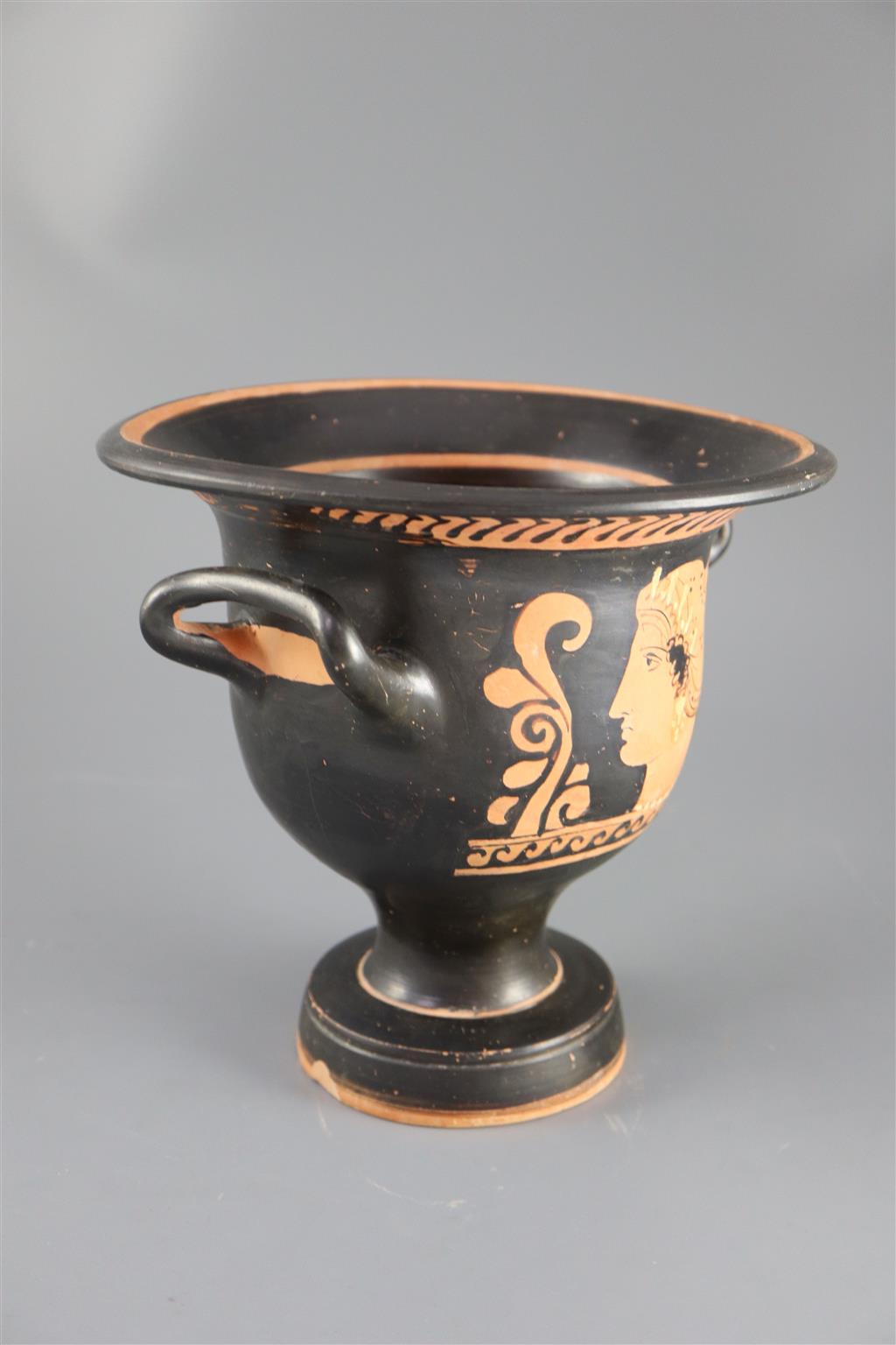 An Apulian red figure bell krater, Southern Italy c. 4th century BC, 21.5cm high, 22.5cm diameter